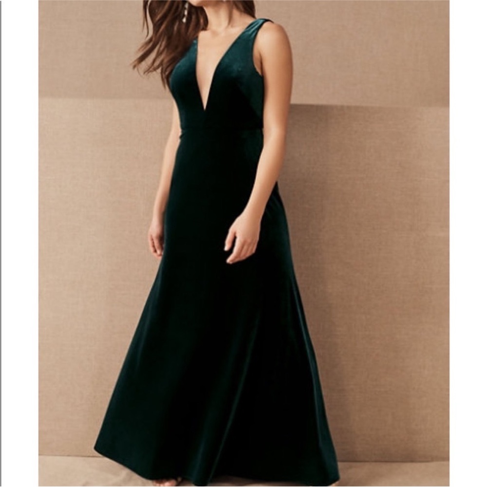 Jenny Yoo Deep Emerald Green Velvet V-Neck Maxi Dress